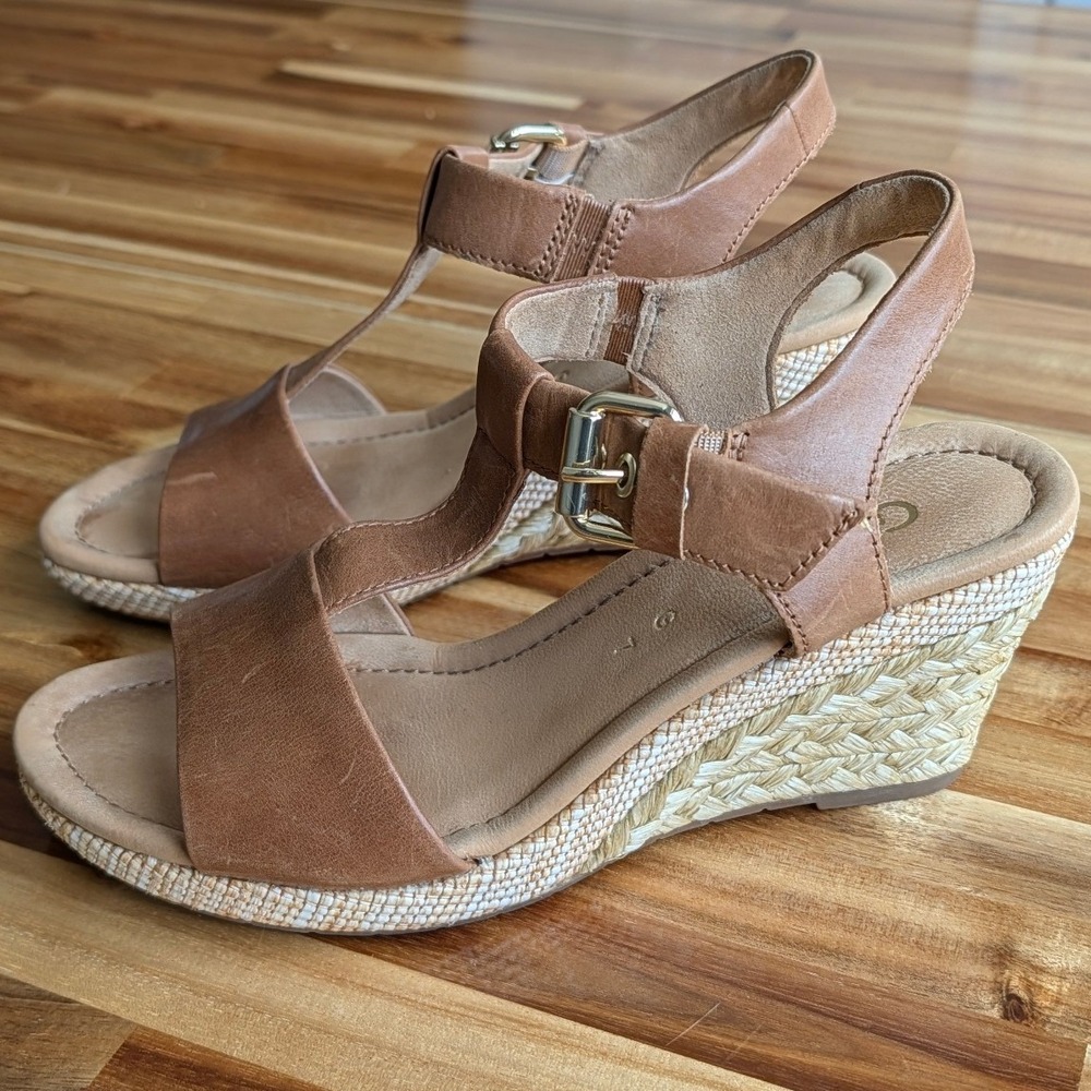 Gabor Comfort Tan Brown Leather T-Strap Espadrille Wedge Sandals US 9 (UK 7)